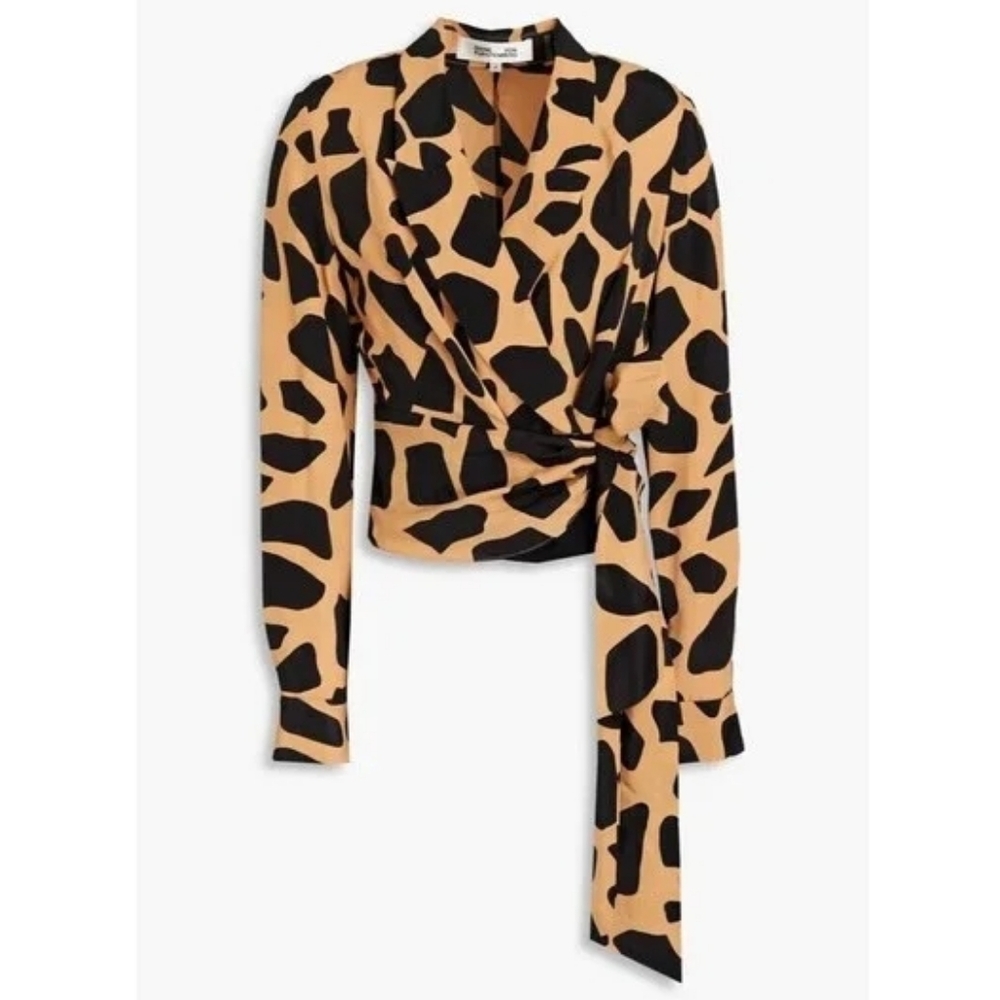Diane Von Furstenberg Vera Printed Crepe de Chine Sand Wrap Blouse 8 Silk Blend